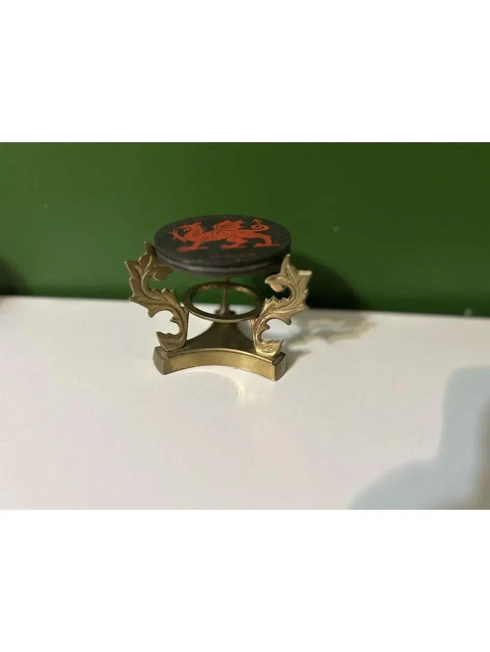 Vintage Wales Cymru Red Dragon Slate Coasters + Brass Acanthus Leaf Holder Set